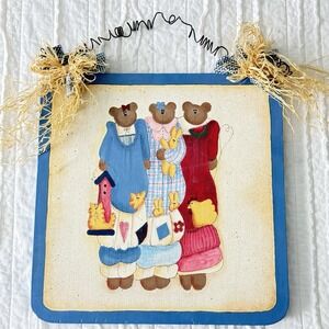 Vintage Wood Folk Art Tole Painted Home‎ Decor blue Cottage Bears 12x12